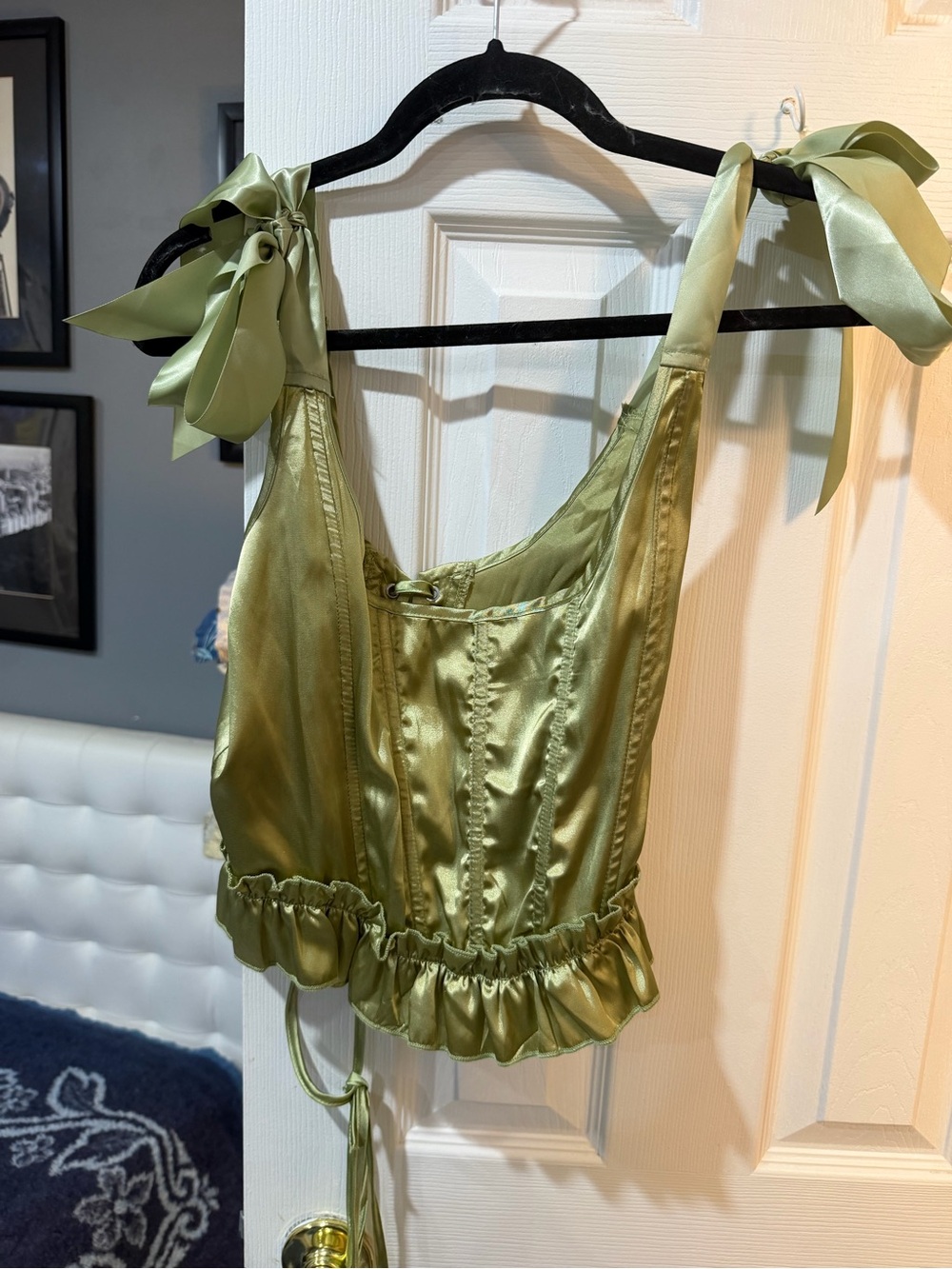 Satin Green Fairycore (adjustable) corset top with tie-Shoulder & Ruffle Hem